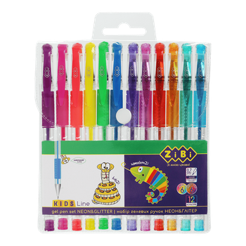Набір з 12 гелевых ручек, NEON & GLITTER, в пластиковому пеналі, KIDS Line ZB.2204-99