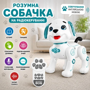 Собачка на радиоуправлении, озвучивание англ. языке, истории, танцы, сенсорный участок, подсветка глаз, голосовое управление, распознавание языка, запись голоса Голубой (i7-196403)