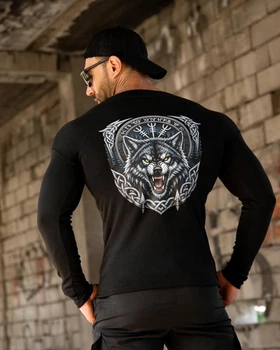 Мужской лонгслив на флисе Wolf Black утеплённый с принтом волка для осени и зимы XXL