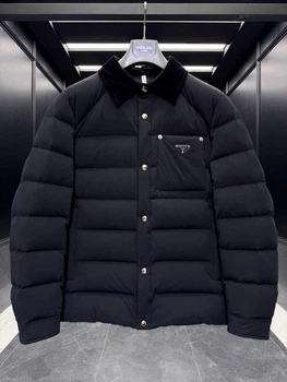 Мужская пуховая куртка Prada черная с вельветовым воротником Oversize, L