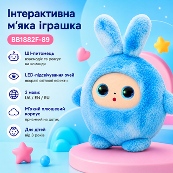 Интерактивная мягкая игрушка MD17703 Умный плюшевый питомец AI Plush Friend BB1882F-89 голубого цвета Интерактивный друг с ИИ и LED-подсветкой глаз Поддержка трех языков (UA/EN/RU) Мягкий обучающий робот для детей от 3 лет