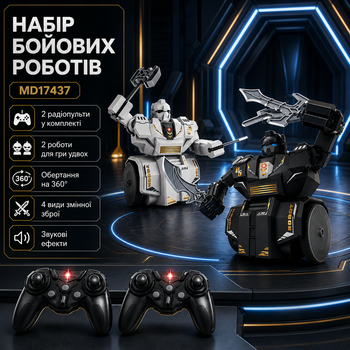 Набір бойових роботів MD17437 Арена кібер-битв із двома радіокерованими роботами Обертання на 360 градусів та 4 види змінного зброї для кожного бійця Інтерактивний набір зі звуковими ефектами для динамічних змагань удвох