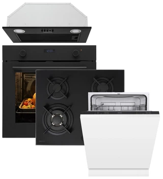 Комплект: Електрична духова шафа Interline OEG 670 ETN BA Nano Matte + Варильна поверхня газова Interline HGG 660 MCT BA Nano Matte + Вбудована посудомийна машина Interline DWI 365 P1 TSH BA+ + Витяжка INTERLINE BLOW S BL A/60/PB