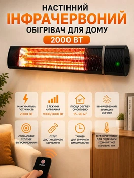Электрообогреватель настенный Bas Polska инфракрасный обогреватель для дома 2000 Вт 2 режима работы уфо обогреватель с пультом дистанционного управления Черный