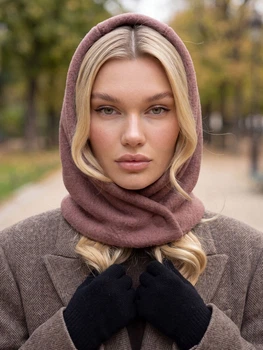 Женский капор Wool с экомеха на кнопках коричневый (шоколад)