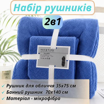 Набор 2 в 1 полотенец для ванной и душа для лица и тела,комплект банных полотенец микрофибра 2 шт тёмно-синий (polotenca_2v1_dark-blue)