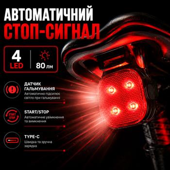 Задний велосипедный фонарь BL4S с автоматическим стоп-сигналом, 4 LED 120 Лм аккумулятор 800 мАч, Type-C, до 8 часов