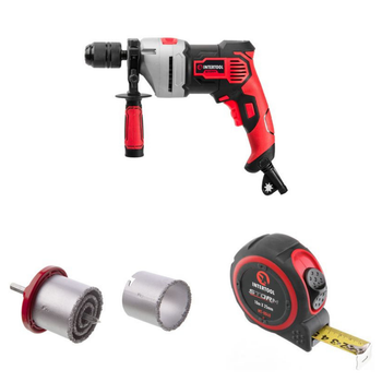 Набор для монтажа INTERTOOL: дрель WT-0119 + корончатые сверла SD-0429 + рулетка MT-0840