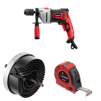Набор для монтажа INTERTOOL: дрель WT-0119 + корончатые сверла BT-0021 + рулетка MT-0306