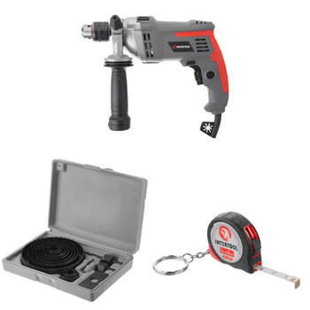 Набор для монтажа INTERTOOL: дрель DT-0121 + корончатые сверла BT-0026 + рулетка MT-0401