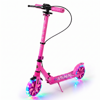 Самокат двухколесный складной розовый с светящимися колесами 200мм Scooter Pusher 5351 Pink