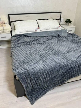 Теплый мягкий плед покрывало Шарпей Полоски на овчине 150x200 Полуторный Джинс