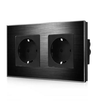 Двойная розетка WALLPAD, с заземлением, шторки, черная, настенная дизайнерская, алюминиевая рамка, 250В 16А