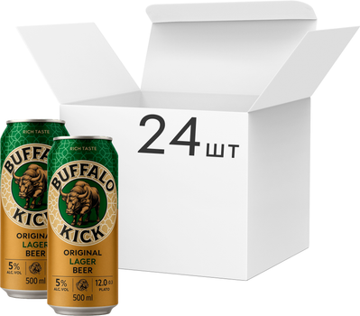 Упаковка пива Buffalo Kick Original Lager светлое фильтрованное 5% 0.5 л х 24 шт (7629999582026)
