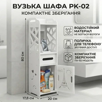 Шафка-пенал вузька у ванну та туалет PK-02 (80х15х15 см) з тримачем для туалетного паперу — Вологостійкий підлоговий стелаж-органайзер зі спіненого пластику, Шафа-стелаж у ванну кімнату, 18*22*80 см, білий
