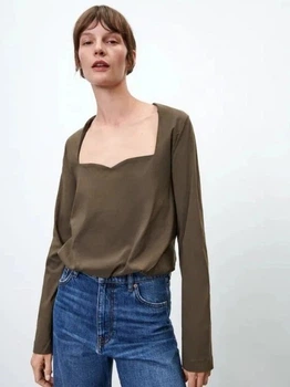 Блузка-лонгслив Zara 1165/694/527 Хаки Размер M Длинные рукава Квадратный с легким закруглением вырез горловины