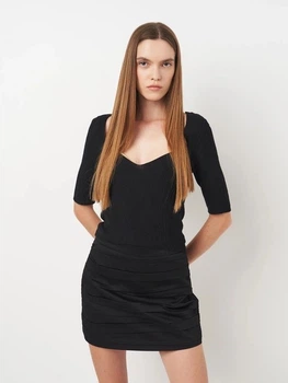 Топ женский Stradivarius 5065045001 черный размер L с V-образным вырезом приталенный крой ткань в рубчик однотонный вискоза полиэстер
