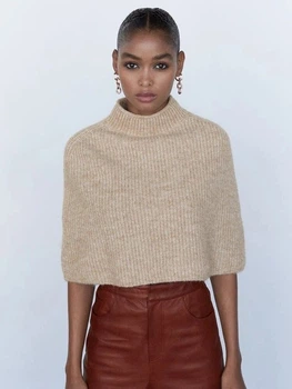 Вязаное пончо Zara 9598/102/711 бежевое с высоким воротником-стойкой укороченной длиной свободный крой размер M