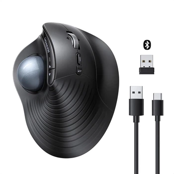 Вертикальная трекбольная мышь UGREEN M785DR Bluetooth 5.4/2,4 ГГц DPI 400 800 1200 1600 2000 8 программируемых кнопок 500 мА·ч до 3 устройств Windows 7 8.1 10 11 macOS от 10.5 Linux ChromeOS Android от 5.0 зарядка USB-C 4D-прокрутка черная (85892)
