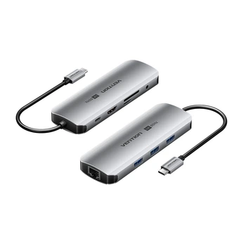 Док-станция USB-C Vention кабель 0,15 м 9-в-1 1 порт HDMI до 4K@60 Гц 3 порта USB-A USB 3.0 до 5 Гбит/с 1 порт RJ-45 до 1 Гбит/с 1 вход PD до 100 Вт 1 слот SD + 1 слот microSD аудиопорт TRRS 3,5 мм OMTP + CTIA серый (TQLHB)