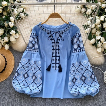 Вышиванка женская вышитая блузка бохо Голубая One size