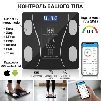 Розумні підлогові фітнес-ваги A8003 Bluetooth до 180 кг — Електронні смарт-ваги з діагностикою тіла та додатком OKOK