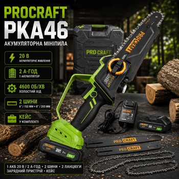 Аккумуляторная цепная пила Procraft PKA46 20 В мини пила 4600 об мин шины 6 и 8 дюймов 152 203 мм с 1 АКБ 2 А·ч зарядным устройством 2 шинами 2 цепями кейсом для обрезки веток деревьев распиливания древесины дров сада дачи