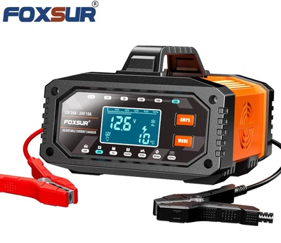 Інтелектуальний Зарядний Пристрій FOXSUR 12V/24V 20A/10A для Акумулятора Автомобіля, Мотоцикла, AGM, GEL, LiFePO4, з Режимом Відновлення та Десульфатації