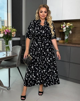 Сукня жіноча максі зі штапелю вільного розкльошеного крою з коміром-стійкою, поясом і рукавами три чверті великих розмірів G&M k-132349 56-58 Розмір колір Чорно-білий