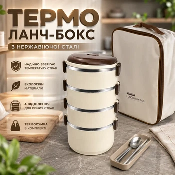 Термо ланч-бокс із нержавіючої сталі 2,8 л з термосумкою, герметичний контейнер для їжі на 4 відділення із супницею, столовими приборами та підігрівом від окропу
