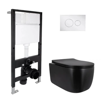 Інсталяція для унітазу 4 в 1 Qtap Standard + унітаз підвісний Qtap Taurus Ultra Quiet 515x360x350 мм, з круглою панеллю змиву Chrome (QTTAU28BLM5050451723)