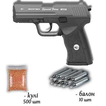 Пневматичний пістолет Borner W118 Blowback Special Force 4.5мм з кулями 500 шт та балонами 10 шт — копія HK P30 з реалістичним Blowback