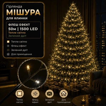 Светодиодная гирлянда Мишура с флеш-эффектом 50 м 1500 LED Теплый белый свет Зеленый провод