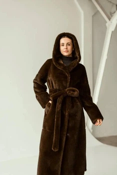 Женская дубленка зимняя двусторонняя большого размера UF-Fashion N99V 46 коричневый
