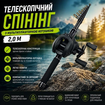 Телескопический спиннинг 2,0 м с мультипликаторной катушкой и чехлом