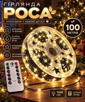 Светодиодная гирлянда роса 100 метров 1000 LED на пульте управления, зеленый провод, теплый свет, работает от сети