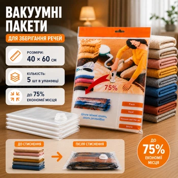 Комплект вакуумных пакетов с Zip-замком 5 шт для одежды вещей багажа, с клапаном мешок вакуумный для хранения, 40х60 см