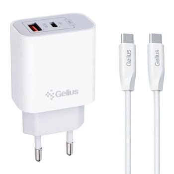 Мережевий зарядний пристрій Gelius Merge GP-HC060 GAN USB+Type-C 35W (QC/PD/PPS) + кабель Gelius One GP-UCN012 Type-C to Type-C (1m)(3A 60W) White