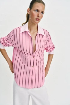 Поплінова сорочка у смужку оверсайз Zara 3564/080 XL Рожева (03564080046XL)