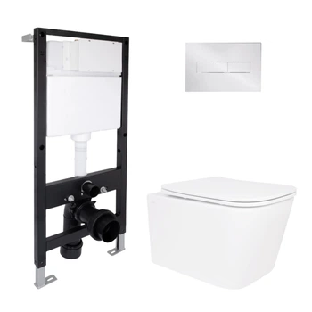Готовое решение Qtap для ванной комнаты: подвесной унитаз Crow Ultra Quiet 520x360x290 + комплект инсталляции Standard (линейная кнопка Chrome)