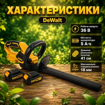 Аккумуляторный кусторез DeWalt 36V/5Ah Рабочая скорость 1300 об/мин Лезвие 41 см Толщина реза 18 мм