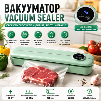 Вакуумный упаковщик Vacuum Sealer 90 Вт с LED-дисплеем 330х75х50 мм для хранения продуктов Зеленый компактный бытовой аппарат