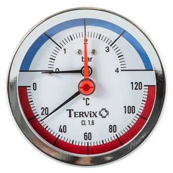 Термоманометр Tervix Pro Line 80/0-4 бар, 0-120 С аксіальний, з монтажним клапаном 1/2" (357816)