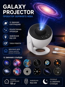 Детский ночник проектор звездного неба + 12 картриджей Galaxy Projector сетевой светильник ночной для детей спальни с проекцией планетарий для спальни ночник звездное небо детский Белый