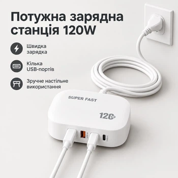 Сетевое зарядное устройство 120W 4 в 1, USB-A и USB-C по 2 разъема, Быстрая зарядка, универсальный адаптер питания