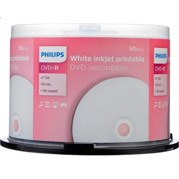 Чистые DVD-R диски PHILIPS / Диски с возможностью печати на поверхности / Записываемые диски, скорость 16x, 4,7 ГБ, 50 штук в упаковке