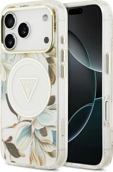 Etui plecki Guess IML Glitter Flowers Triangle MagSafe do Apple iPhone 17 Pro / 18 Pro White (GUHMP18LHFLPEDH)