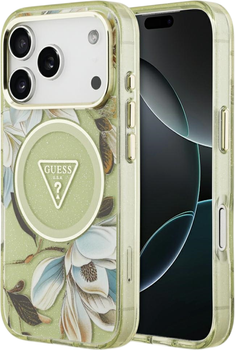 Etui plecki Guess IML Glitter Flowers Triangle MagSafe do Apple iPhone 17 Pro / 18 Pro Green (GUHMP18LHFLPEDN)