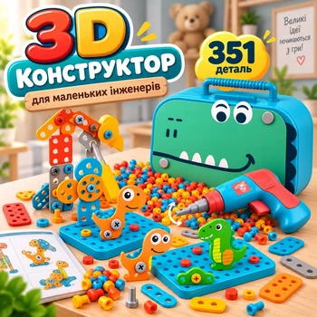 Дитячий іграшковий 3D конструктор набір інструментів з викруткою і шуруповертом Dino (351 деталей)