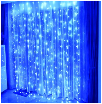 Гирлянда штора светодиодная 300LED 3x3м 8 режимов синий прозрачный шнур для внутреннего использования SQ-27304